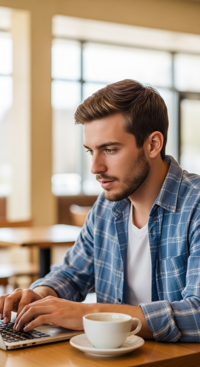 male grad student typing on a laptop in a campus café with a coffee