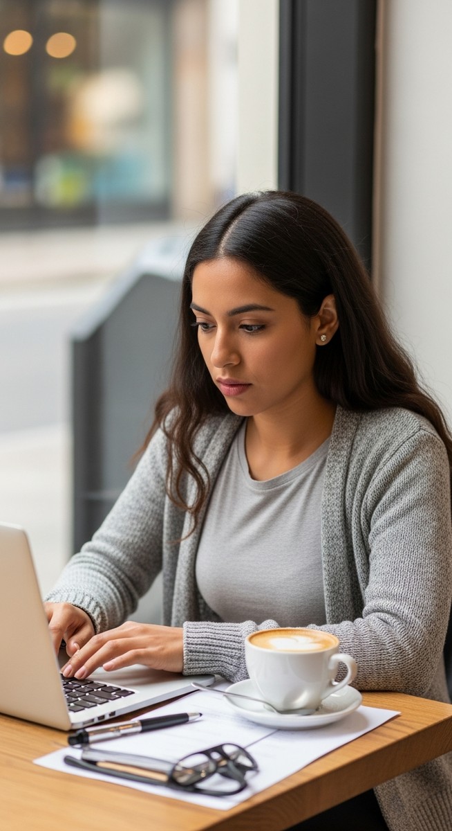 a female grad student working on a freelance project on a laptop at a café table to make money