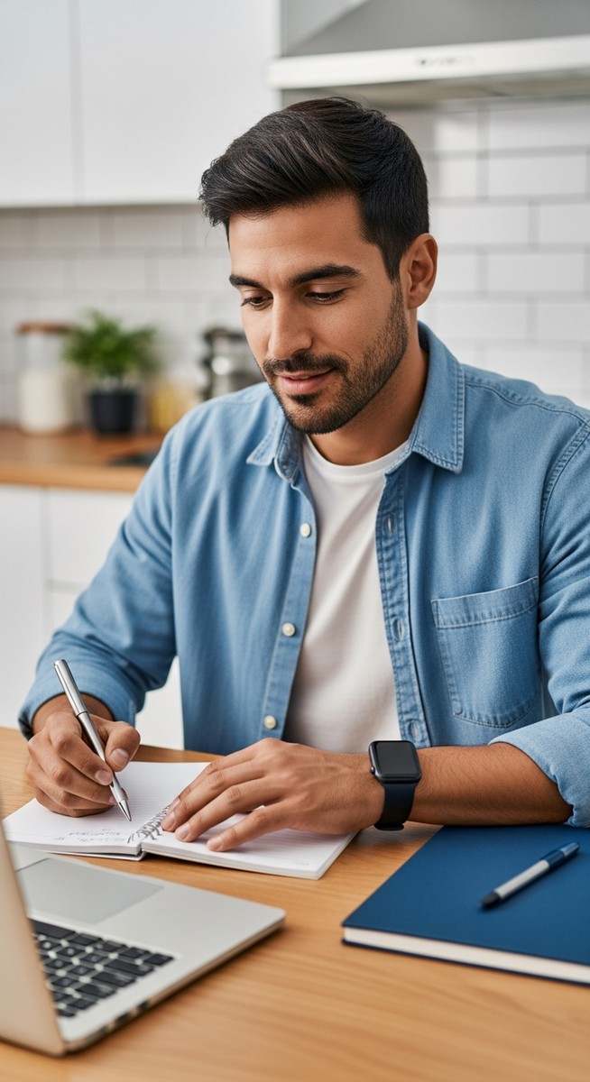 a male grad student planning income and expenses on a laptop with a notepad at a kitchen table to make money