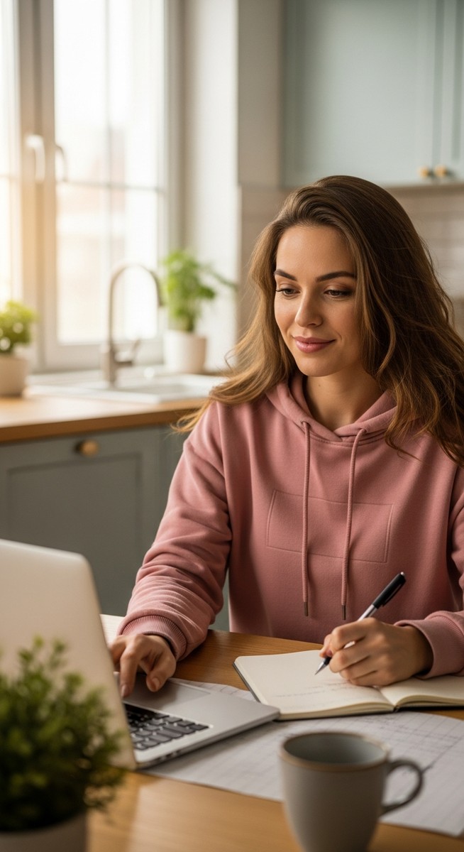 young woman taking notes next to her laptop at a kitchen table