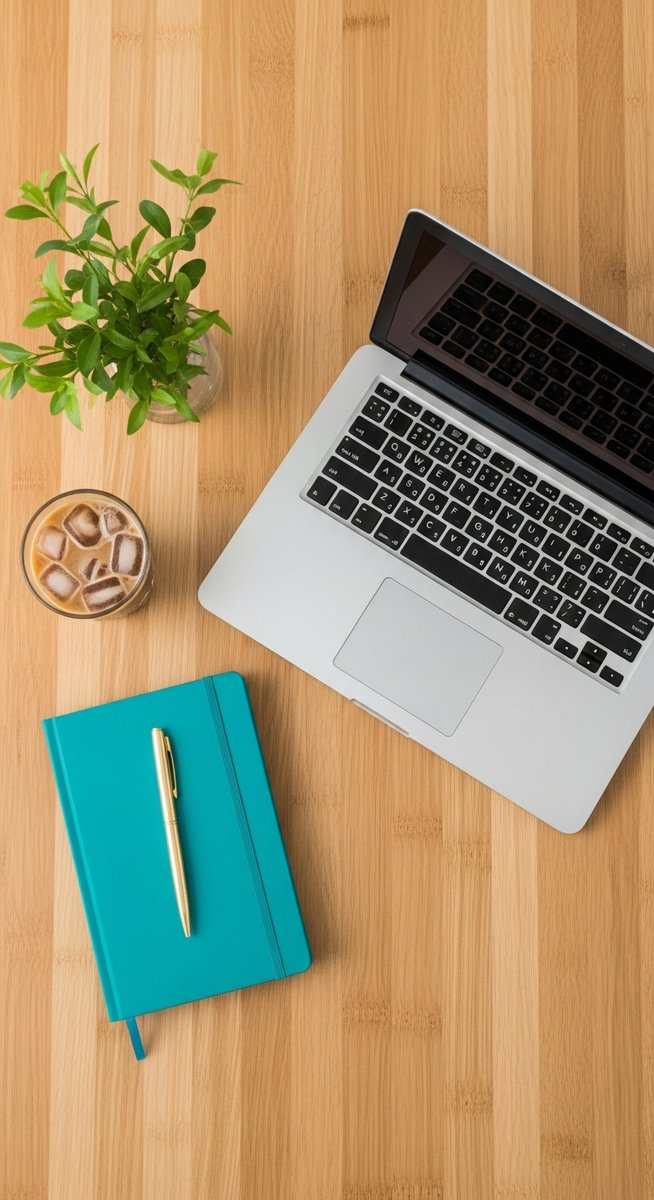flatlay of a laptop and teal notebook on a wooden desk