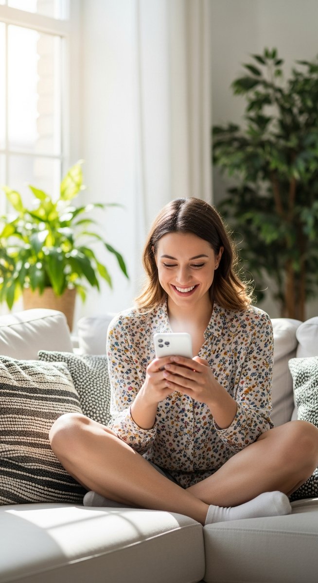 a woman smiling at her phone in a bright living room on maternity leave