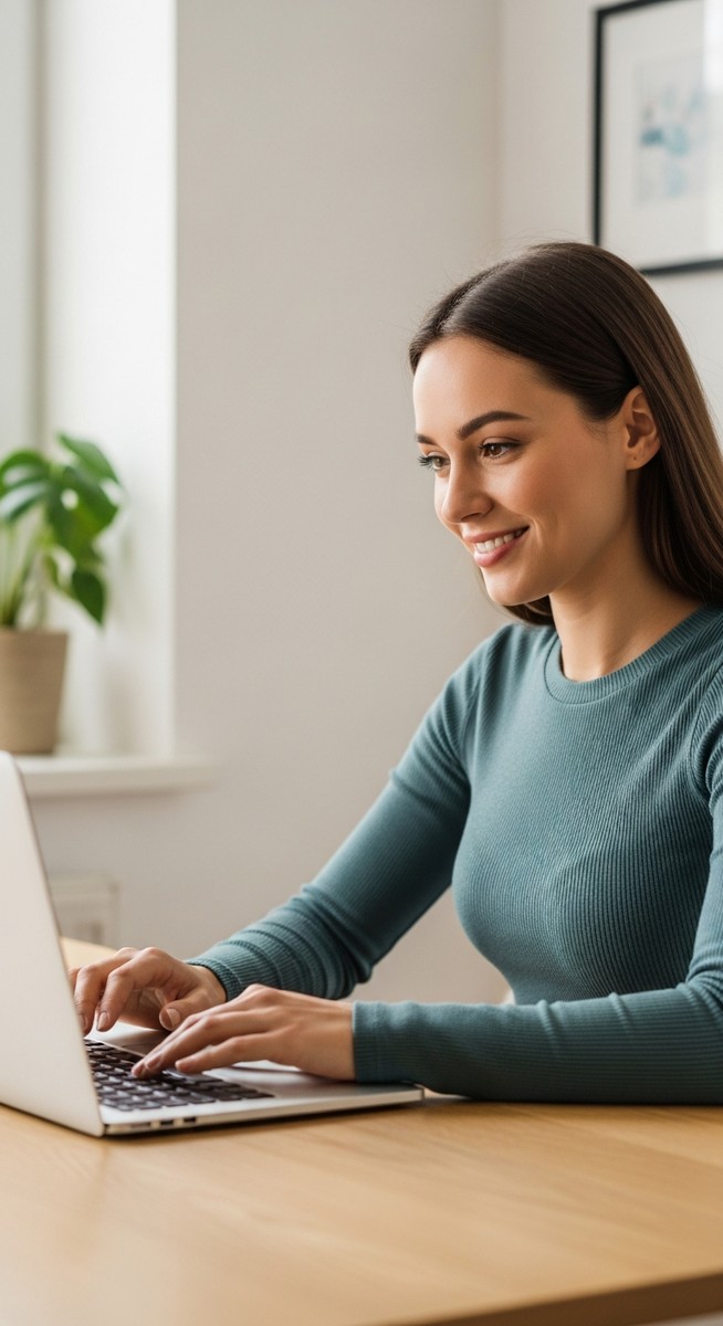 woman looking satisfied at her laptop screen at home
