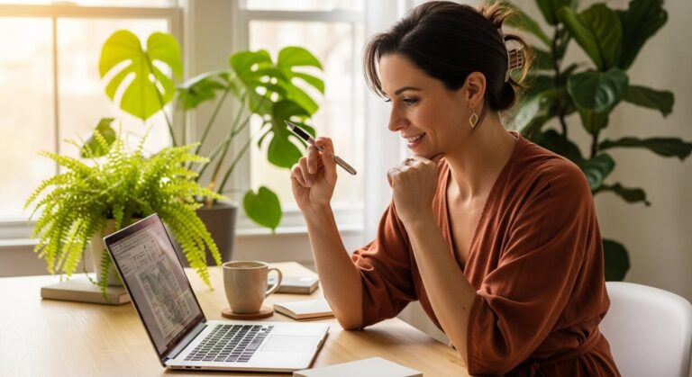 a woman smiling and thinking at her home office desk on maternity leave