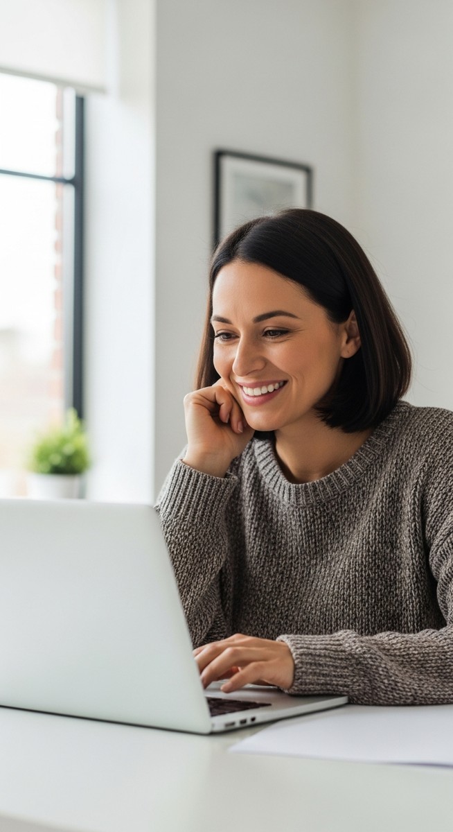 woman working confidently on her laptop at a bright home desk