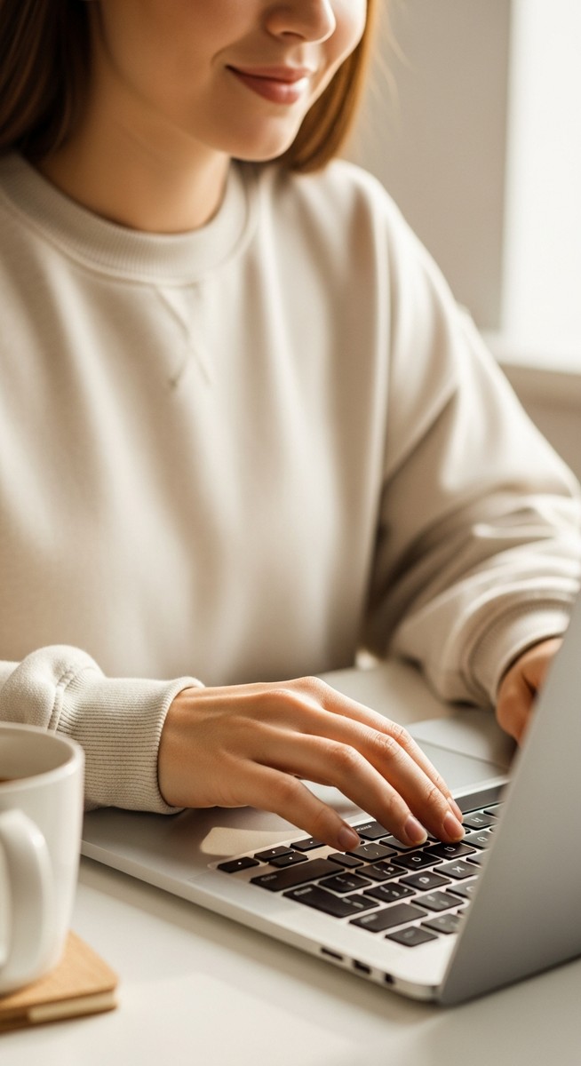 woman typing on a laptop at a bright clean desk