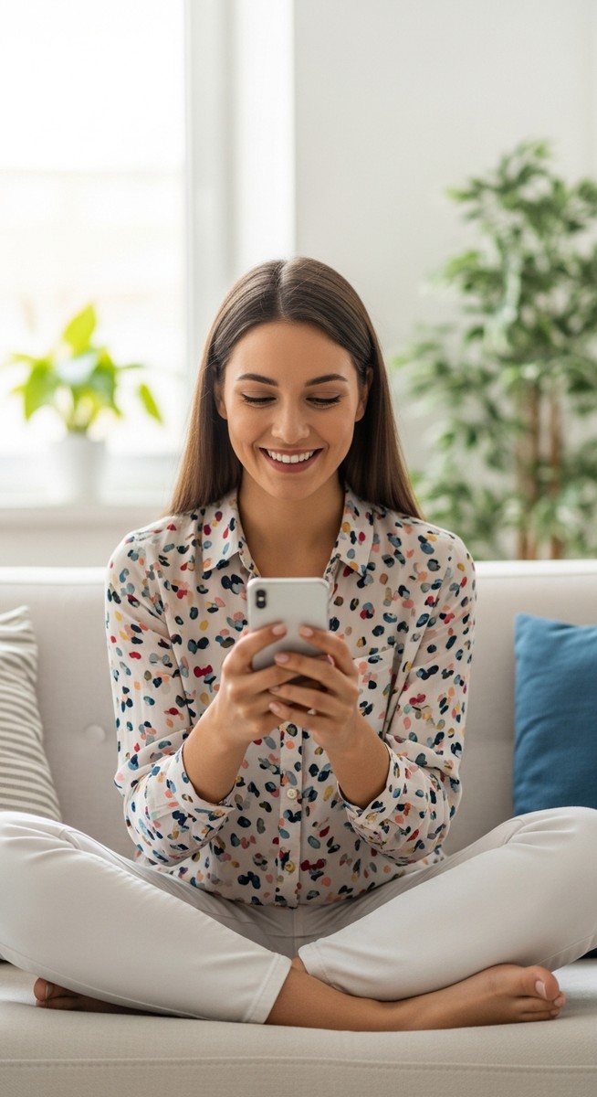 woman smiling at her phone in a bright living room