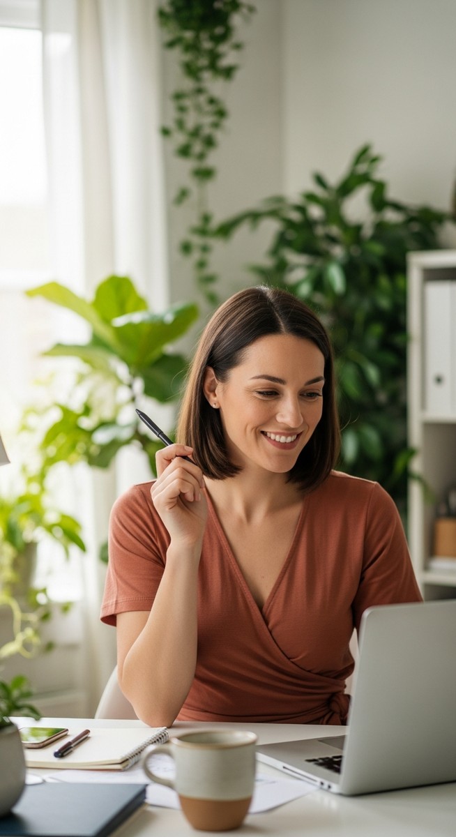 a woman smiling and thinking at her home office desk to make money