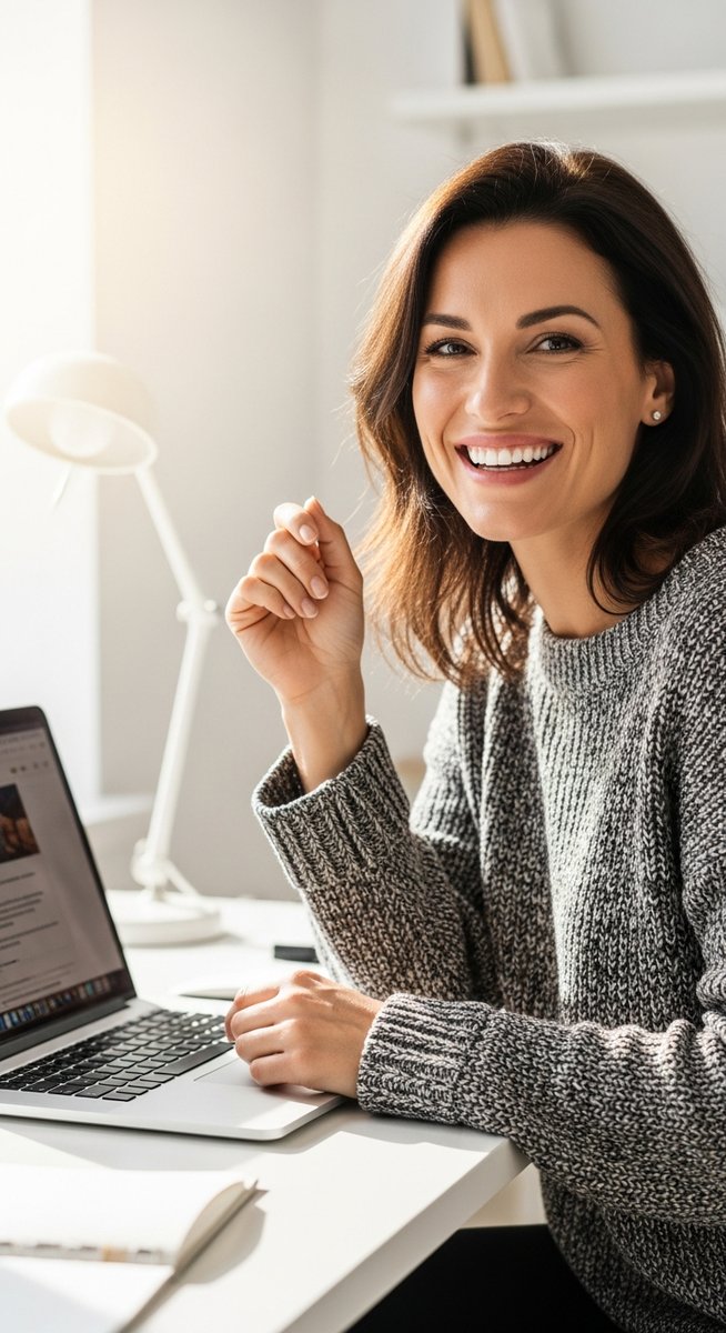 woman working confidently on her laptop at a bright home desk
