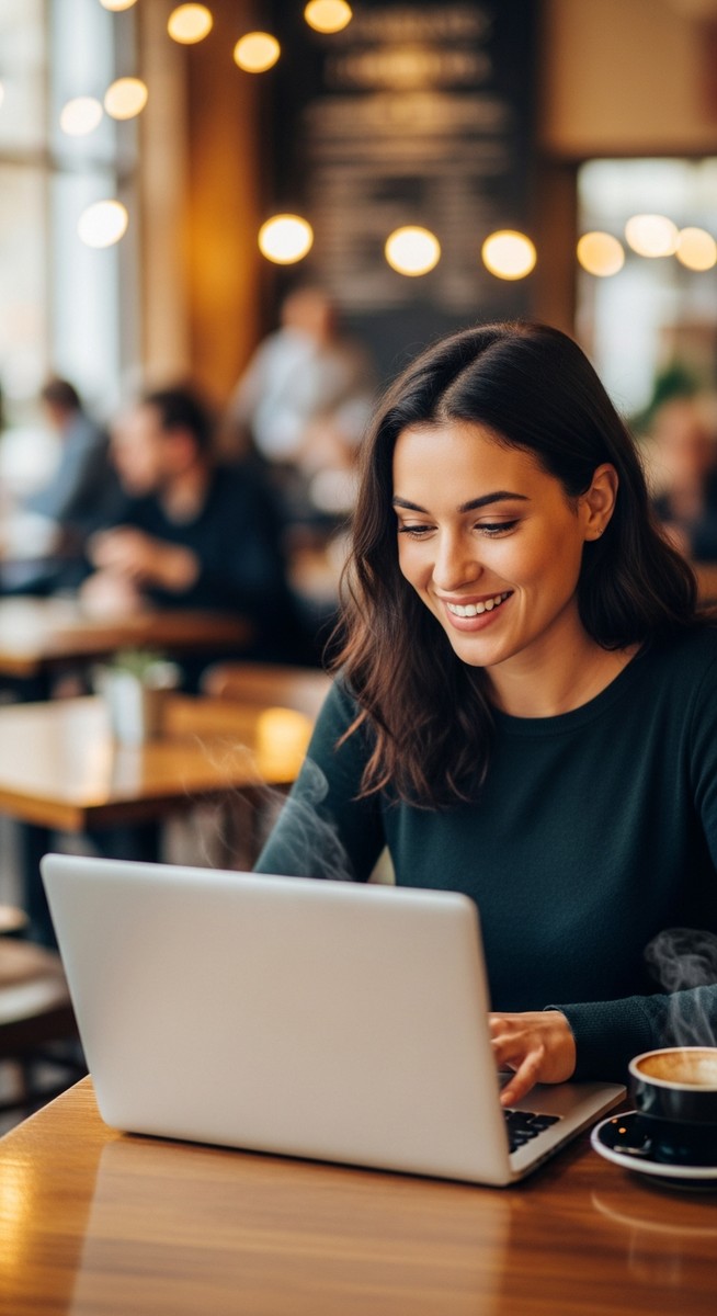 woman working happily on her laptop