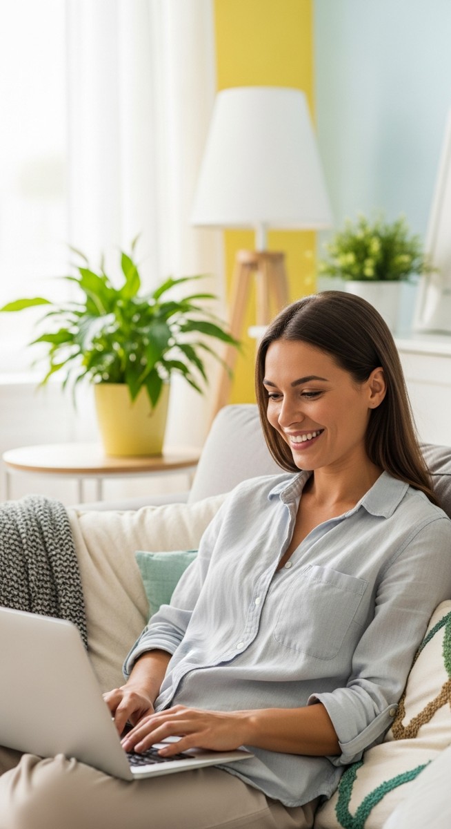 woman smiling while working on her laptop at home