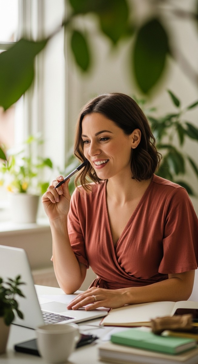 woman smiling and thinking at her home office desk