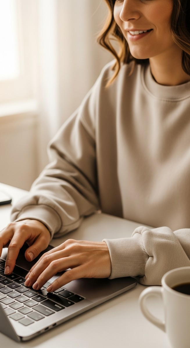 a woman typing on a laptop at a bright clean desk to make money