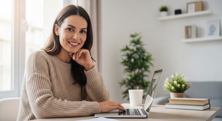 a woman working confidently on her laptop at a bright home desk to make money