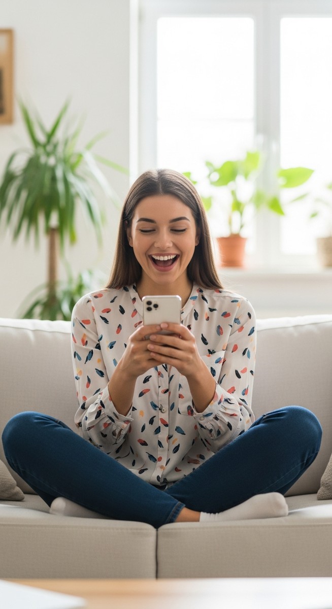 a woman smiling at her phone in a bright living room to make money