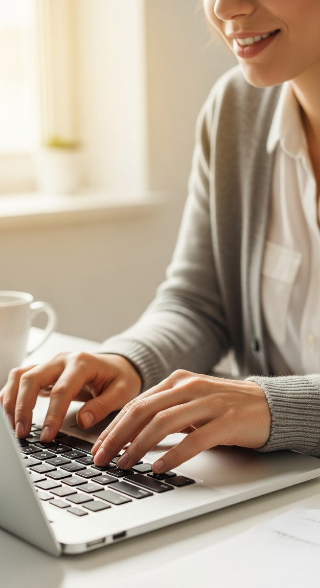 woman typing on a laptop at a bright clean desk