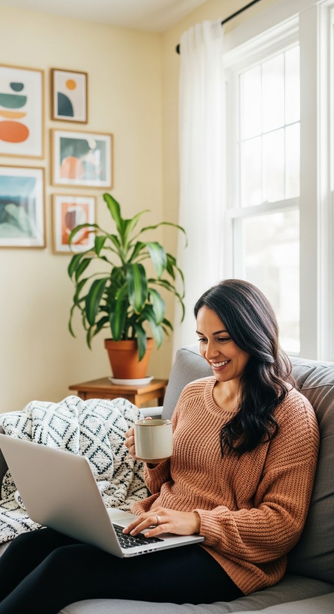 woman smiling while working on her laptop at home