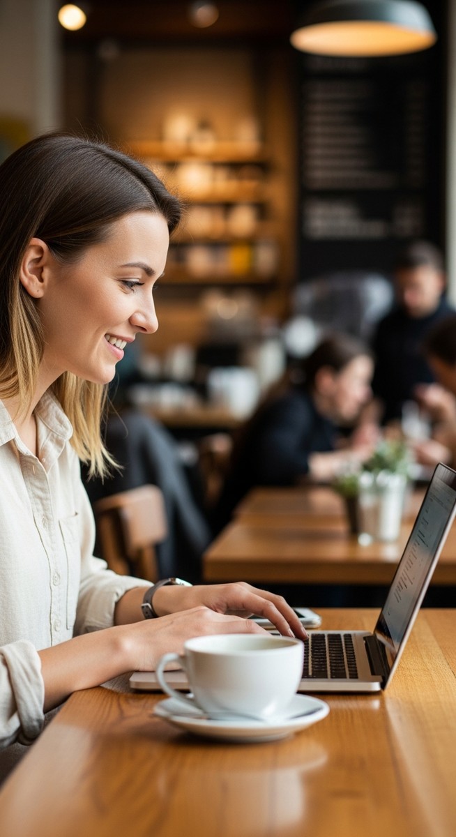 a woman working happily on her laptop for Pinterest