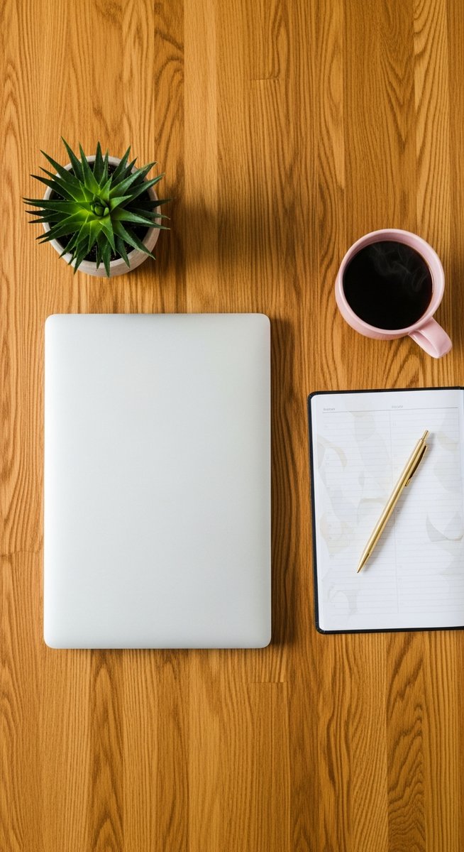 a flatlay of a planner, laptop, and succulent on a wooden surface for Pinterest