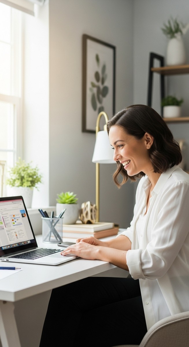 woman working confidently on her laptop at a bright home desk