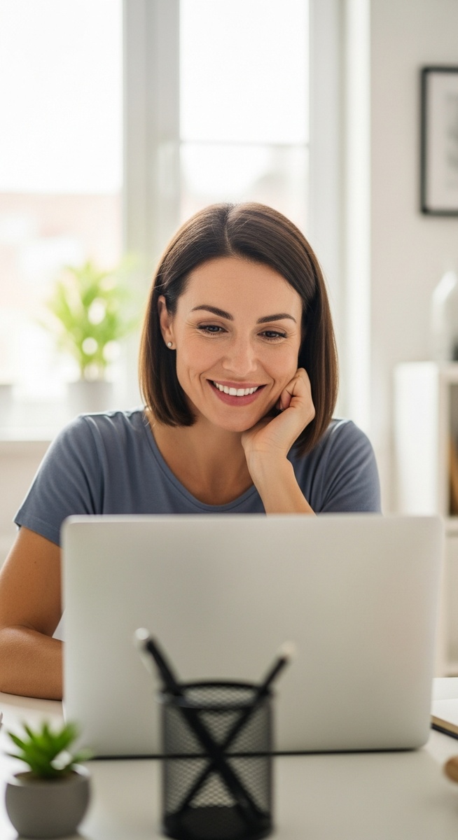 woman working confidently on her laptop at a bright home desk