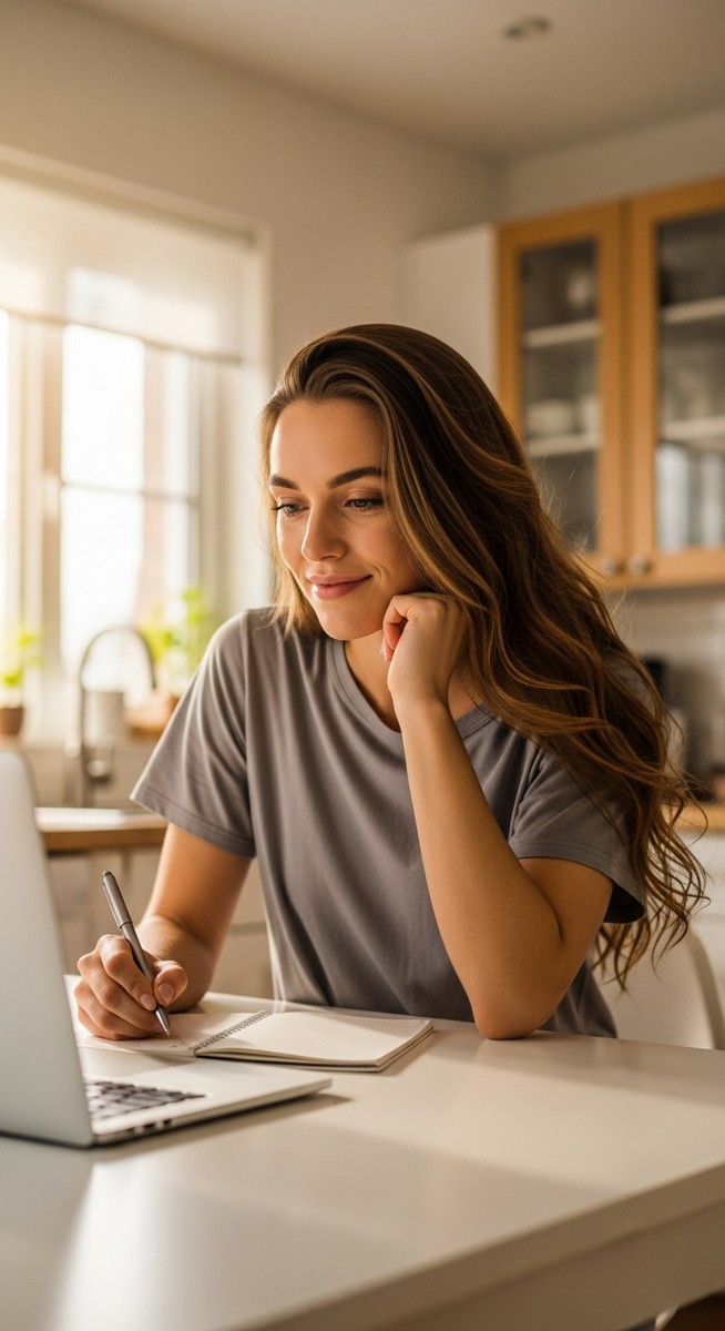 young woman taking notes next to her laptop at a kitchen table