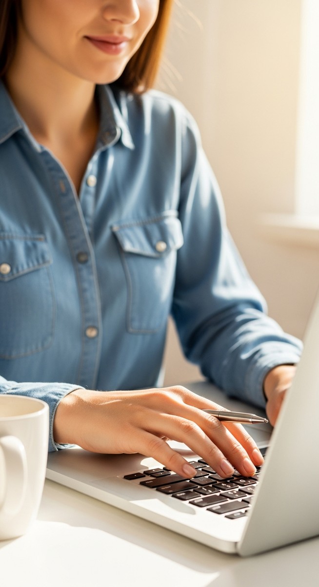 woman typing on a laptop at a bright clean desk