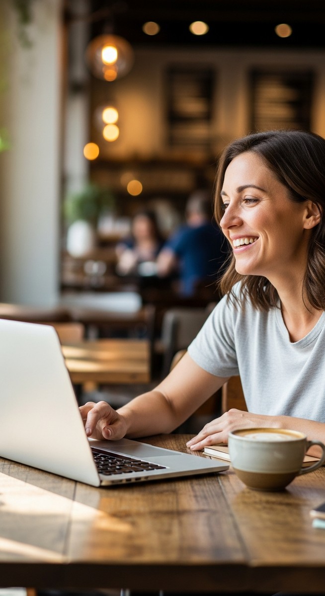woman working happily on her laptop