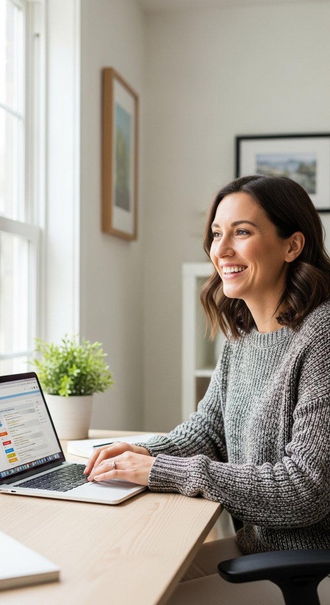 woman working confidently on her laptop at a bright home desk
