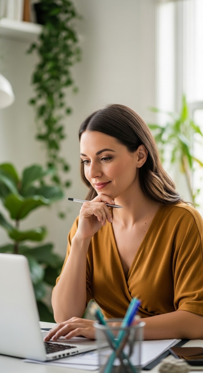 a woman smiling and thinking at her home office desk for earning with surveys