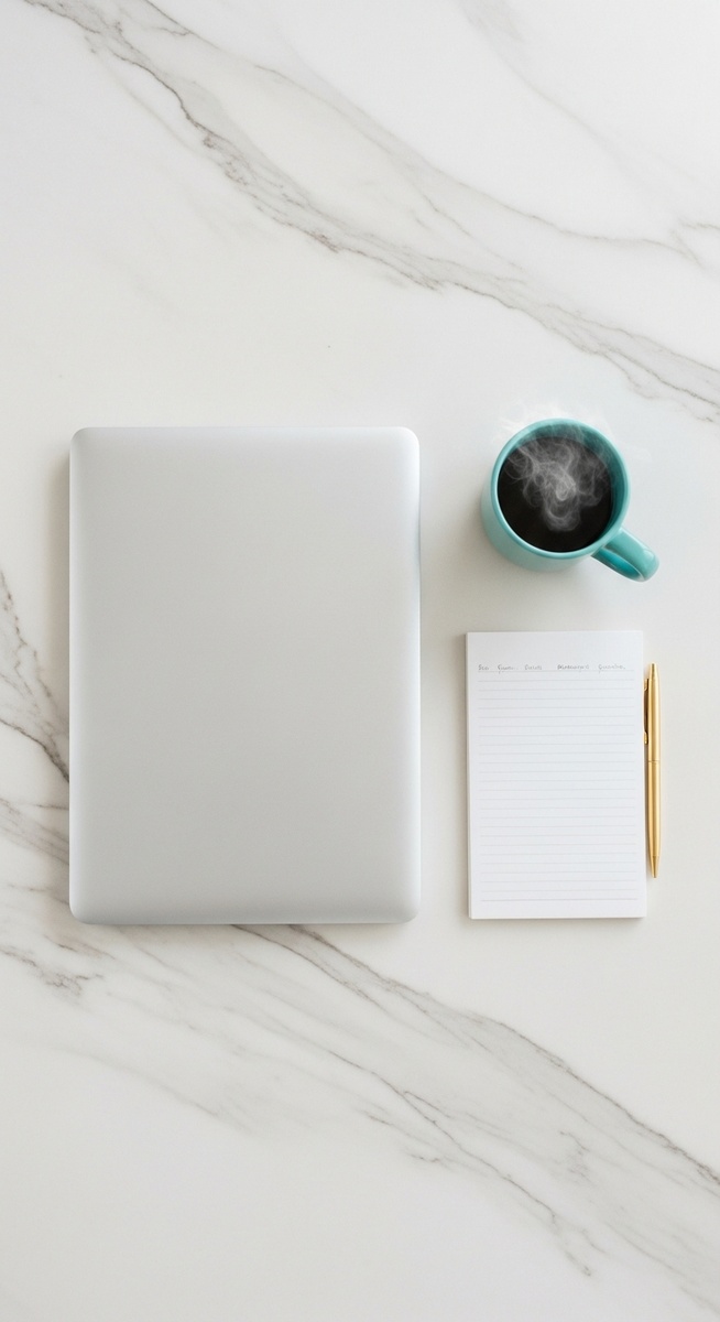 flatlay of a laptop and teal mug on a marble surface