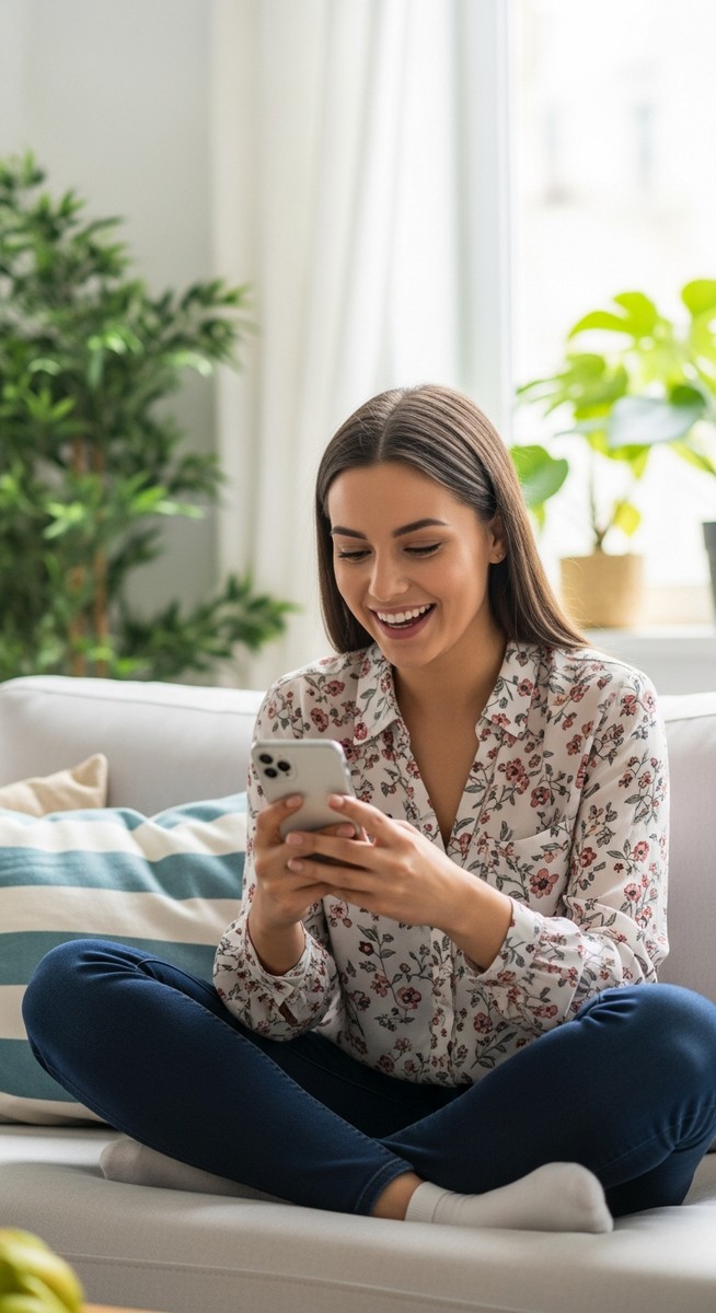 woman smiling at her phone in a bright living room