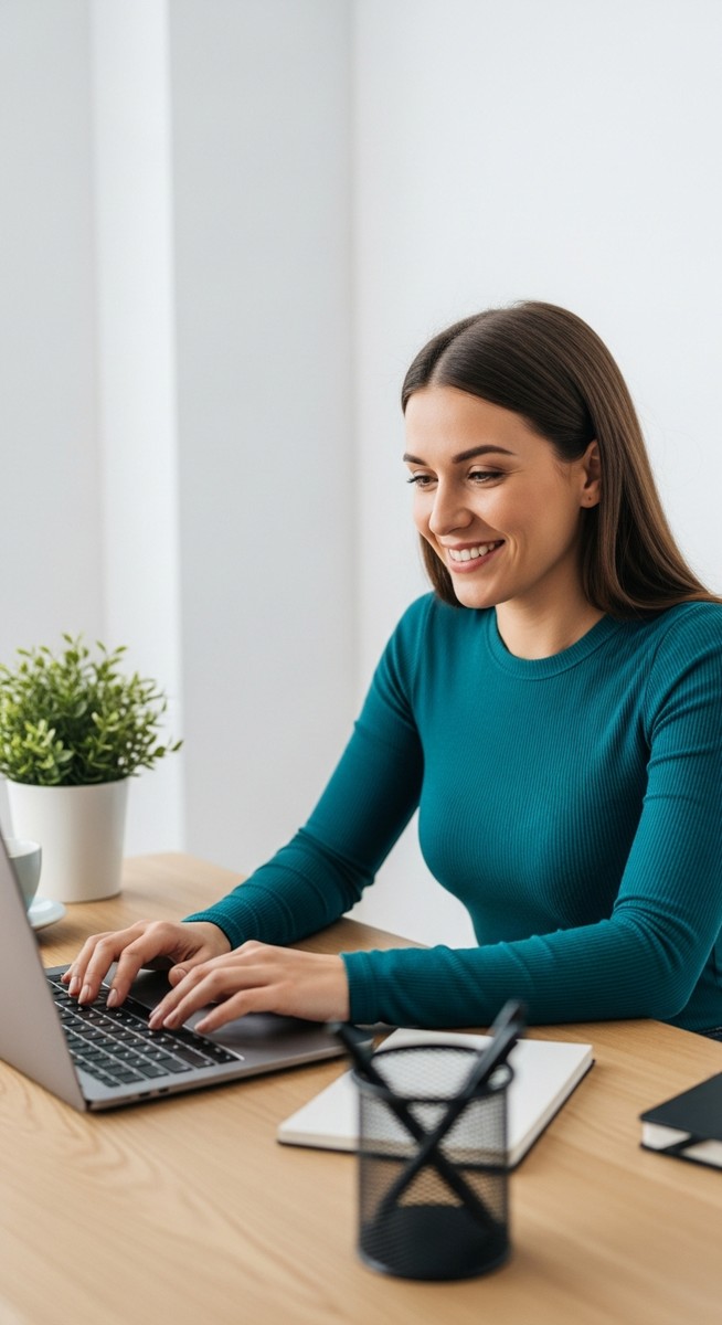 a woman looking satisfied at her laptop screen at home for earning with surveys