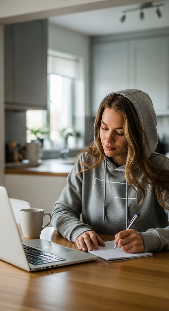 young woman taking notes next to her laptop at a kitchen table