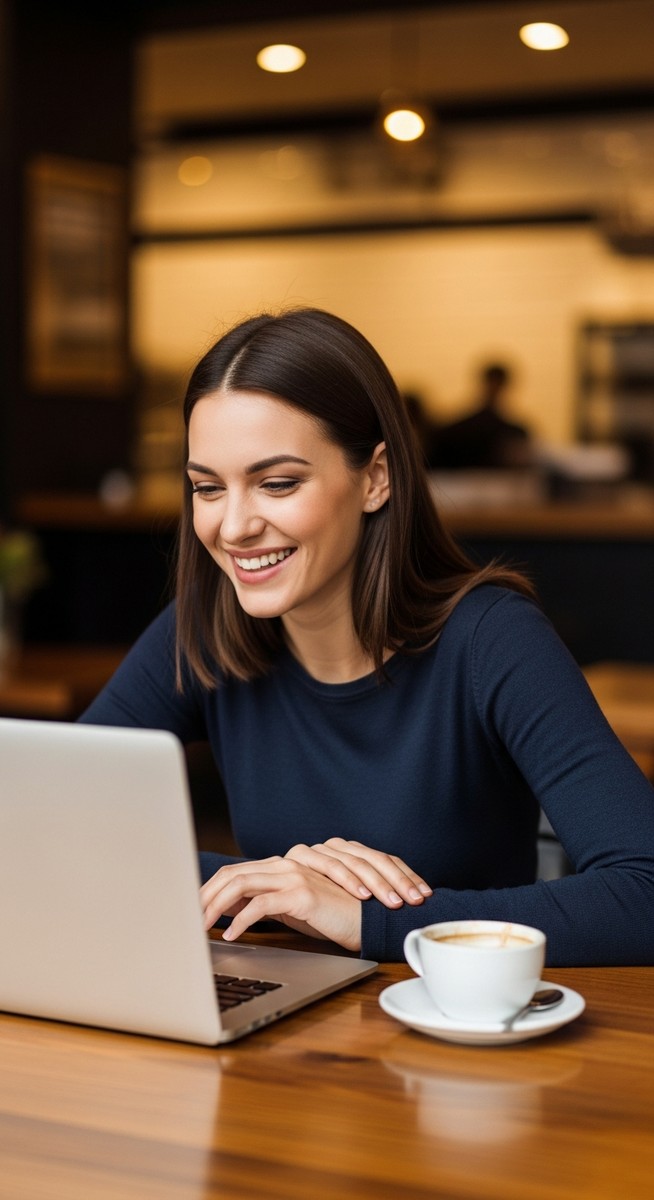 woman working happily on her laptop