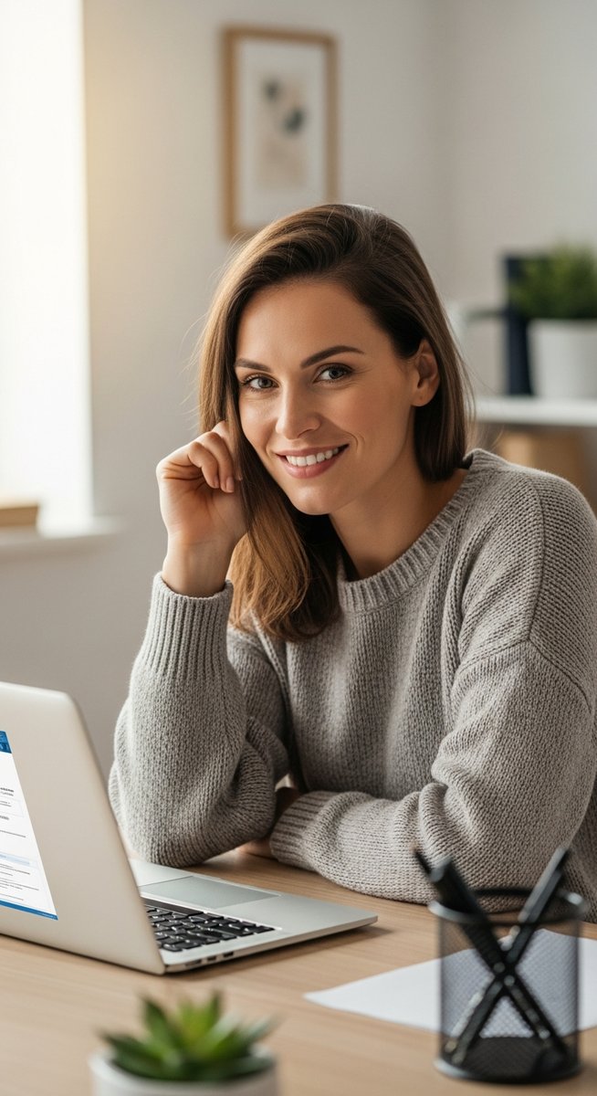 woman working confidently on her laptop at a bright home desk