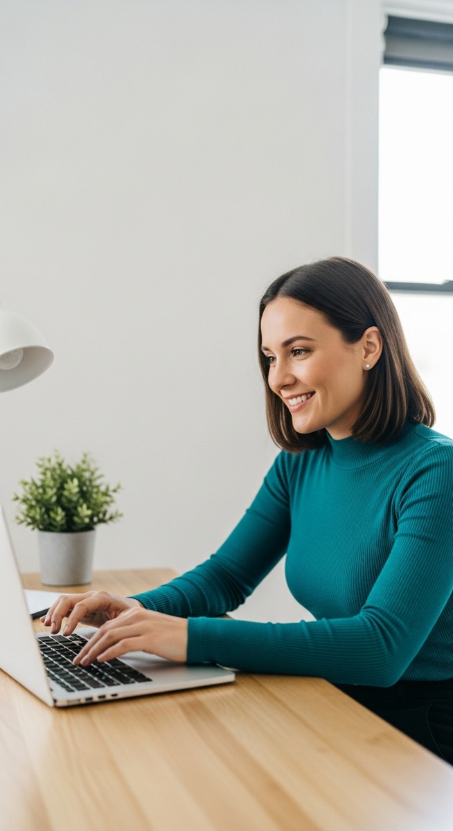 woman looking satisfied at her laptop screen at home