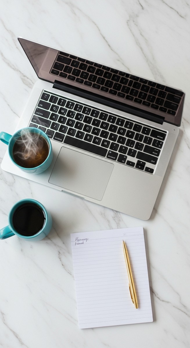 flatlay of a laptop and teal mug on a marble surface