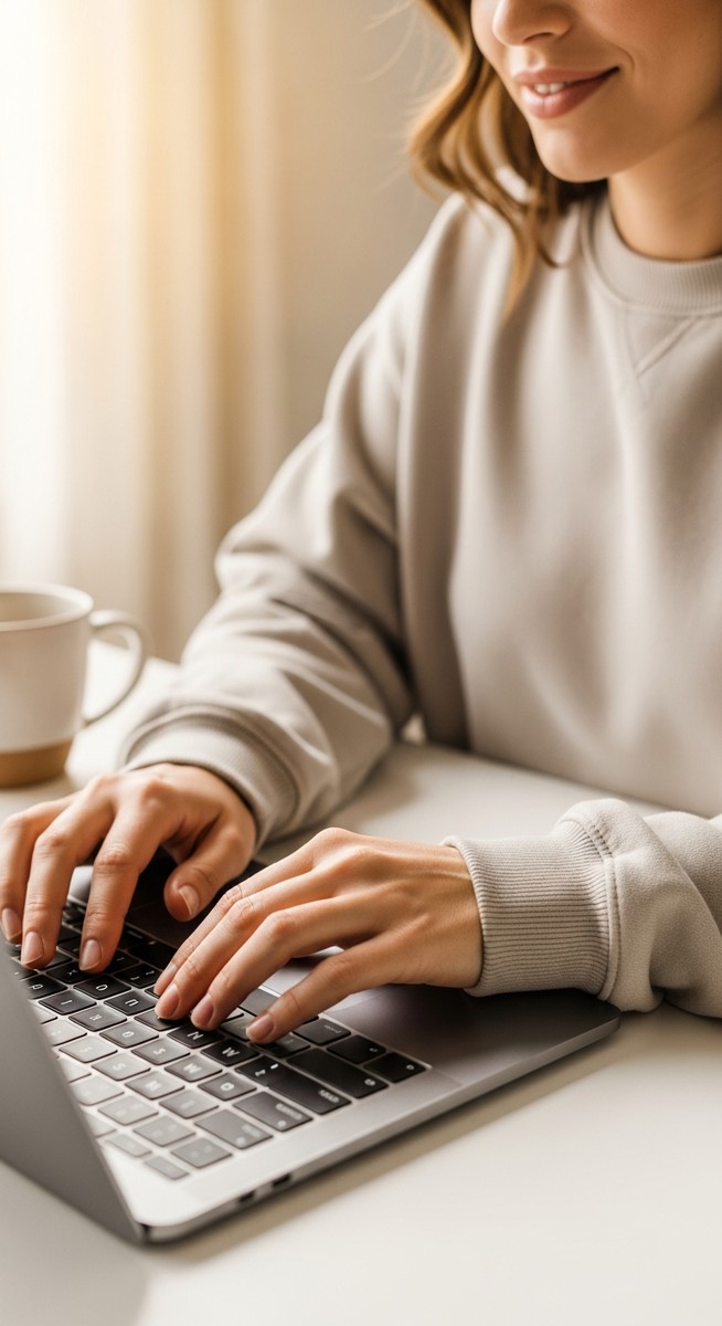woman typing on a laptop at a bright clean desk