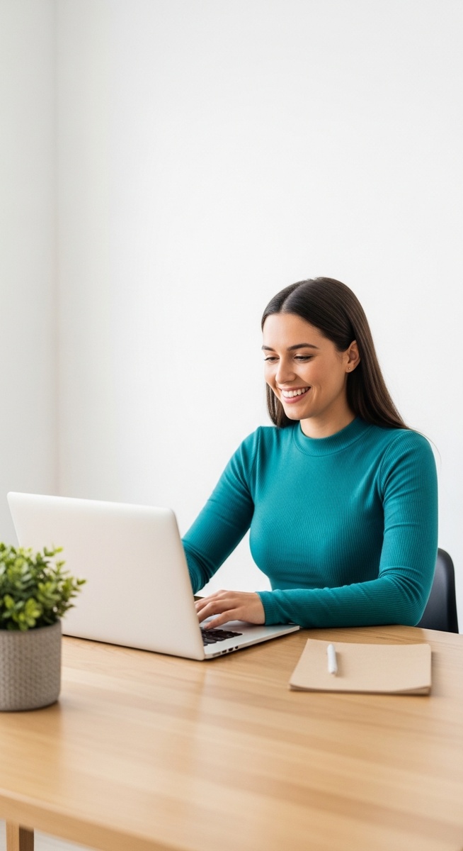 woman looking satisfied at her laptop screen at home