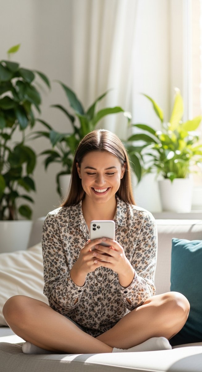 woman smiling at her phone in a bright living room