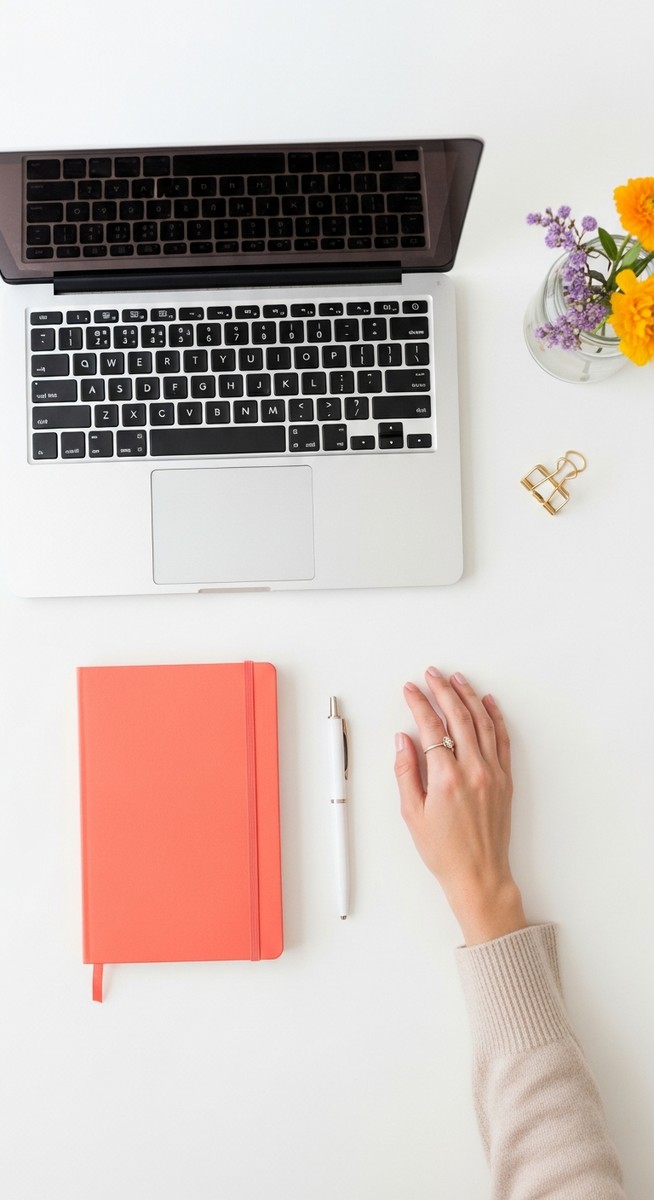 flatlay with laptop and other items on a white surface