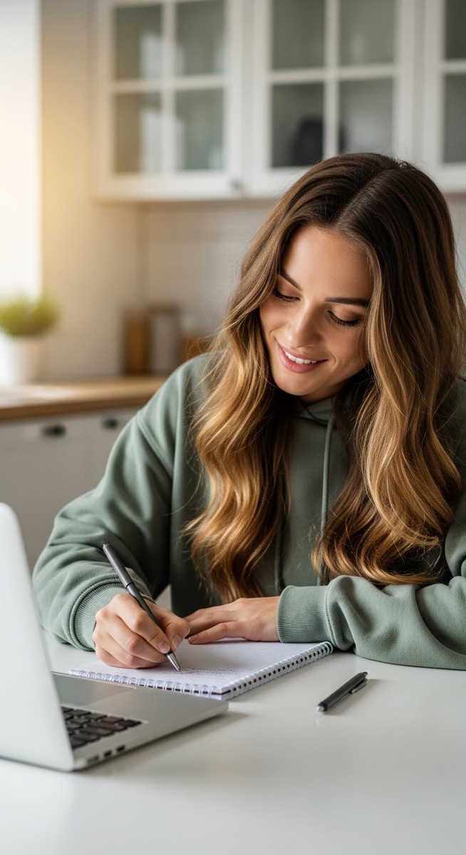 young woman taking notes next to her laptop at a kitchen table