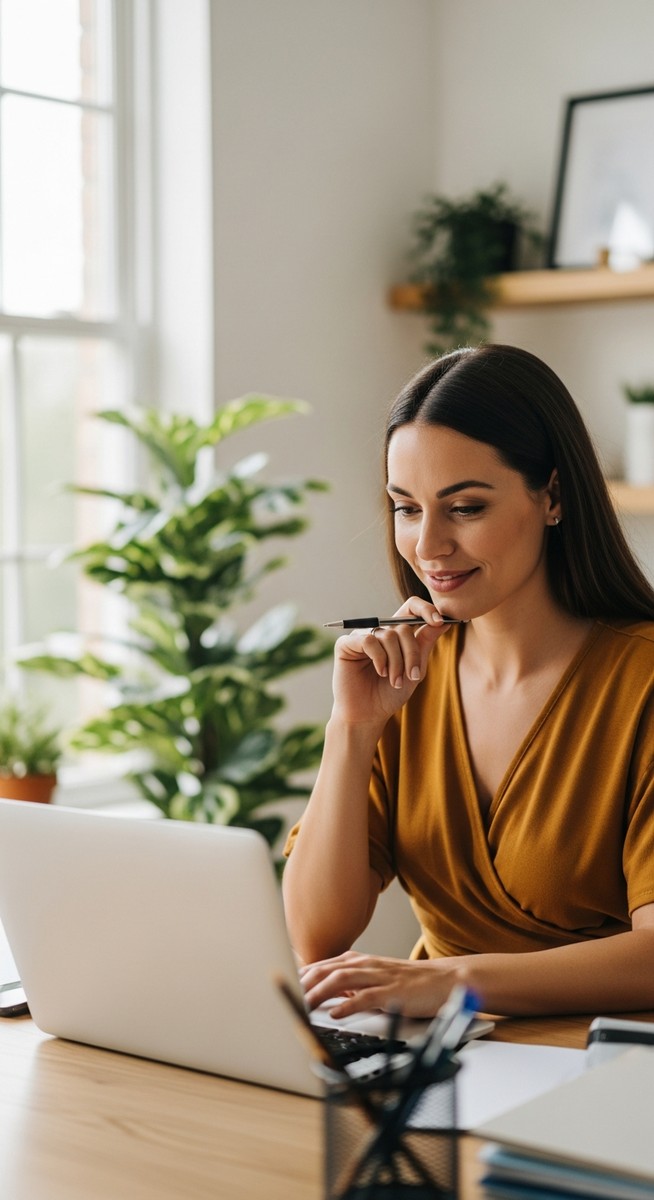 woman smiling and thinking at her home office desk
