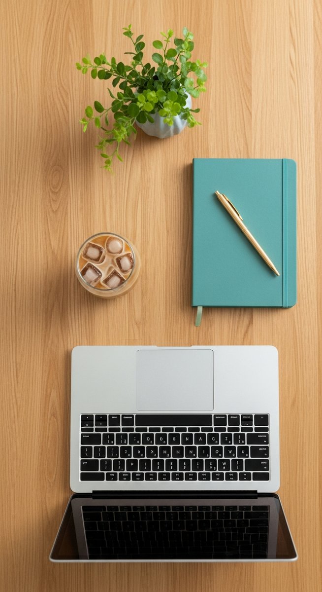 flatlay of a laptop and teal notebook on a wooden desk