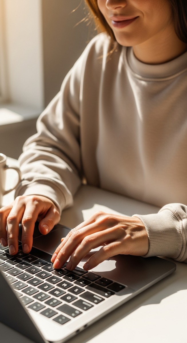 woman typing on a laptop at a bright clean desk