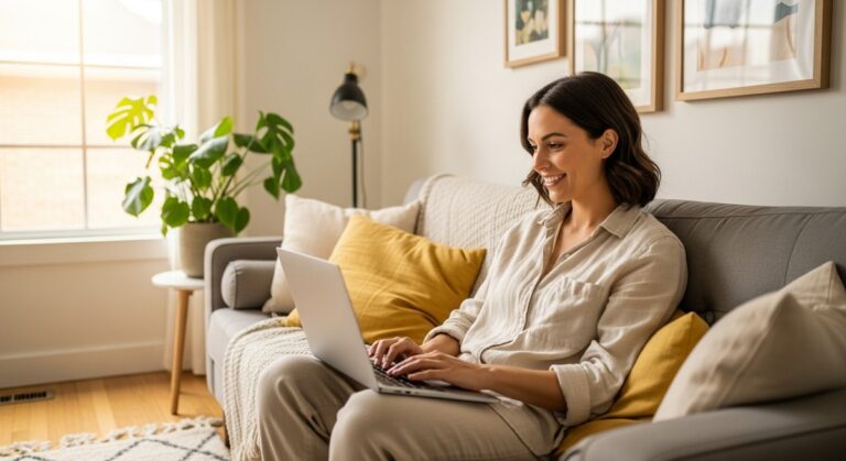 woman smiling while working on her laptop at home