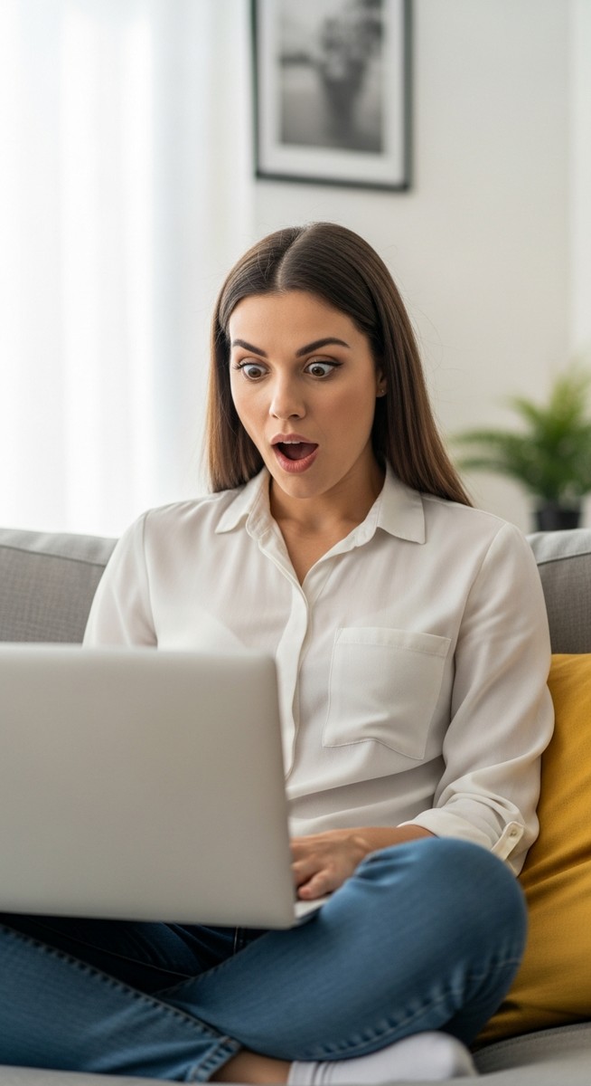 woman reacting with surprise to something on her laptop