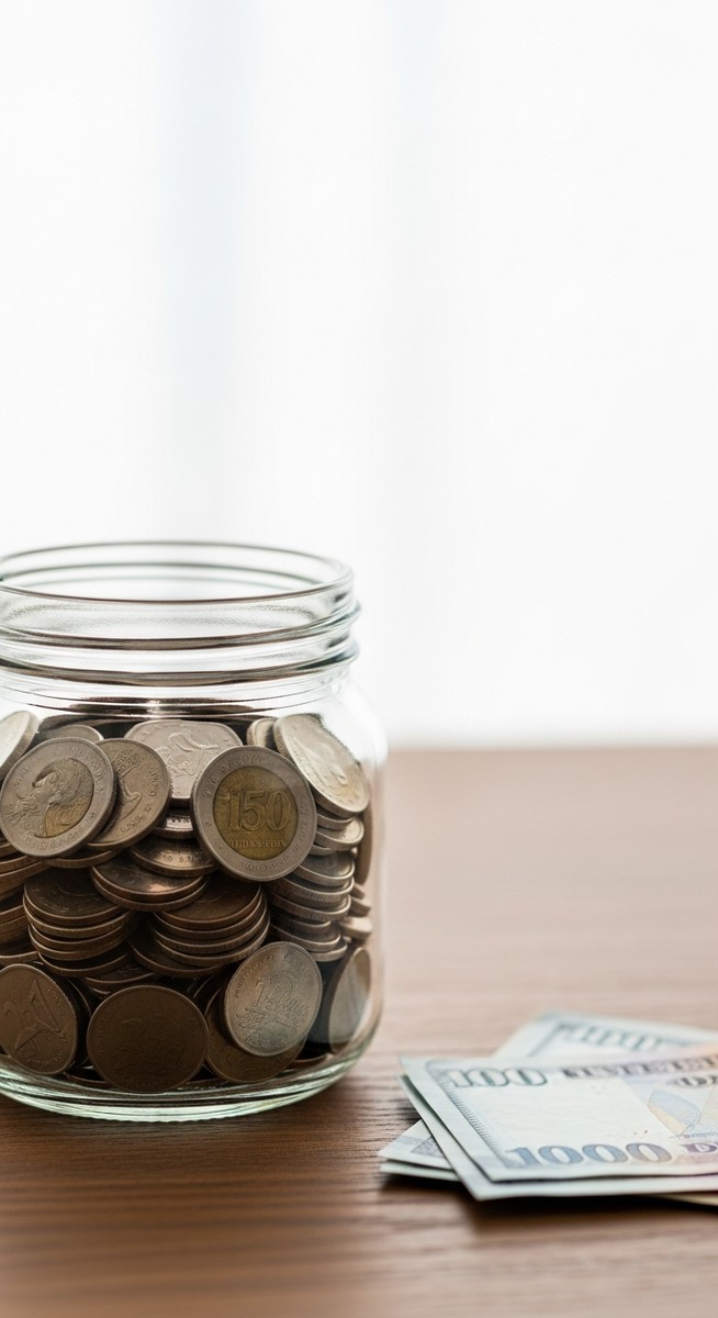 jar of coins and banknotes on a wooden surface