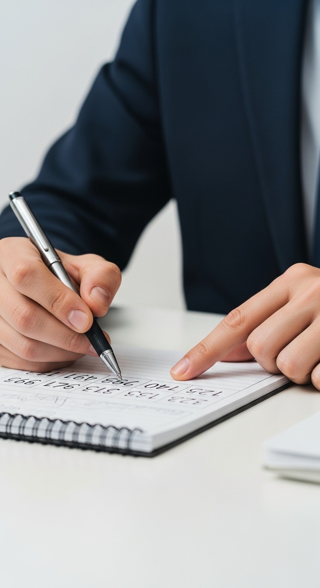 person pointing at numbers written on a notepad